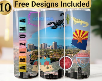May include: A cylindrical tumbler featuring a wrap-around Arizona theme. The design includes a city skyline, a desert landscape with a scorpion, a lizard, a cactus, the Arizona state flag, a highway sign, and the word ARIZONA in vertical text.