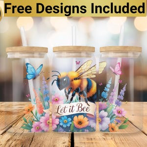 Bee Glass Tumbler Design, Glass Can Wrap PNG, 16 oz Glass Can Wrap Design, Bee Glass Tumbler Wrap, Bee Glass Can PNG,