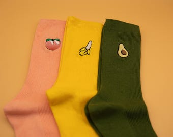 Embroidered Cotton Crew Socks | Funny Fruit Socks