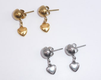 Boucles d'oreilles pendantes en forme de coeur doré/argenté en acier inoxydable | Ne ternit pas | Hypoallergénique | Bijoux petite amie pour la Saint-Valentin | Boucle d'oreille minimaliste