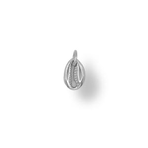 May include: A small, silver-toned charm shaped like a cowrie shell. The charm features a smooth, rounded exterior with a central vertical slit that mimics the natural opening of a shell, and it includes a small loop at the top for attachment.