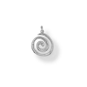 May include: A silver-toned metal pendant shaped as a spiral or coil. The pendant features a textured, slightly uneven surface and includes a small circular jump ring at the top for attachment to a chain or cord. The design is open and circular.