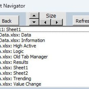 Puede incluir: Una captura de pantalla de una ventana "Sheet Navigator" que muestra nombres de hojas de cálculo y opciones. La ventana incluye los botones "Back", "Size" y "Refresh". La lista muestra "Book1: Sheet1" y varias entradas "Data.xlsx".