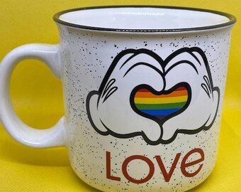 Disney Mickey Mouse Rainbow Pride Heart LOVE 20 0z ceramic coffee mug