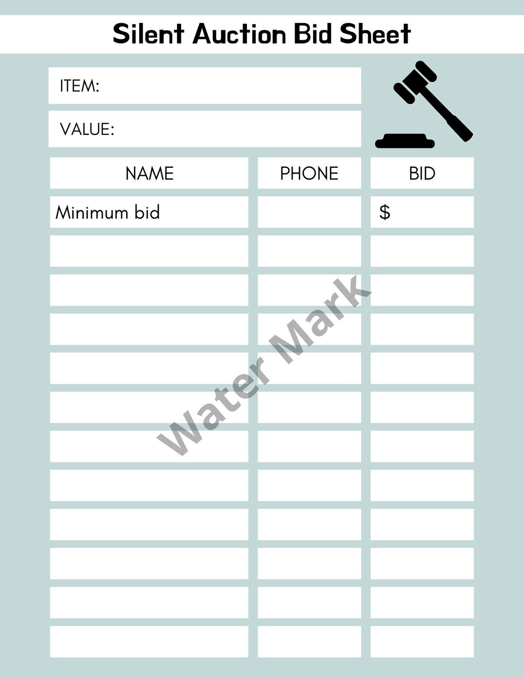 Printable Silent Auction Bid Sheet - Etsy