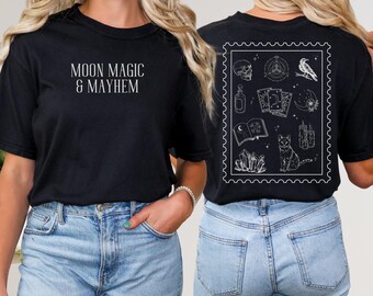 Camiseta gráfica de Witchcore, camiseta de magia lunar, ropa estética gótica, top femenino oscuro, camiseta de bruja de Halloween, regalo celestial místico