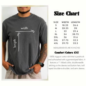 May include: A dark gray Comfort Colors 1717 t-shirt with a size chart. The chart shows measurements in inches for sizes S to 4XL. The shirt is made of ringspun cotton and has a ribbed collar and double-needle stitching.