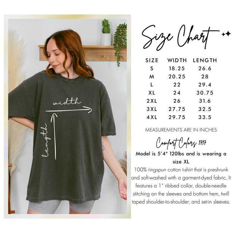 May include: An olive green t-shirt with a size chart. The chart lists measurements in inches for sizes S through 4XL. The shirt is made of ringspun cotton and has a ribbed collar and double-needle stitching.