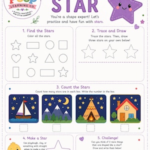 Puede incluir: Una hoja de trabajo educativa blanca titulada Let's Practice Stars! STAR. Incluye un personaje de estrella morada, tareas de identificación de formas, ejercicios de calco, actividades de conteo con escenas nocturnas y espacio para dibujar con un pollito amarillo.