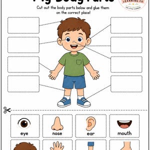 May include: An educational worksheet titled My Body Parts featuring a cartoon character in a green shirt and blue shorts. The page includes dashed boxes for cutting out and labeling body parts like eye, nose, ear, mouth, hair, hand, leg, and foot.