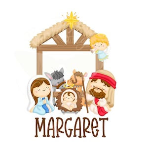 May include: A colorful illustration of a Nativity scene with Mary, Joseph, baby Jesus, an angel, and animals. The word "MARGARET" is written in brown script below the scene. The scene is set in a wooden stable with a star.