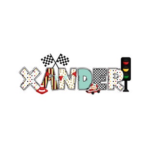 Aangepaste racenaam png-bestand voor sublimatie met schattige raceauto en geblokte vlag | Gepersonaliseerde shirt voor kinderen | Snelle TAT | Raceontwerpen | DTF