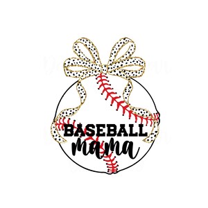 Puede incluir: Una pelota de béisbol blanca con costuras rojas y lunares negros y dorados. Un lazo negro y dorado está en la parte superior de la pelota. El texto "BASEBALL mama" está escrito en negro en la pelota.