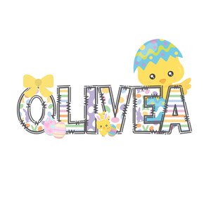 May include: A colorful Easter-themed name banner with the name "OLIVIA" spelled out in patchwork letters. Each letter is decorated with a different Easter pattern, including stripes, polka dots, and bunnies. A yellow chick wearing an Easter egg hat is peeking out from behind the banner.