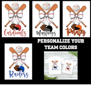 Pode incluir: Quatro designs de equipe de beisebol diferentes com uma bola de beisebol, bastões, um laço e um capacete de beisebol. Os nomes das equipes são Cardinals, Mustangs, Pirates e Raiders. O texto "PERSONALIZE AS CORES DO SEU TIME" está abaixo dos designs.