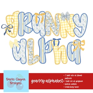 May include: A graphic design featuring the words "GRANNY ALPHA" in a playful, colorful font. The letters are decorated with floral patterns, gingham, and bows in shades of yellow, blue, and white. The design includes the text "Davis Sugar Designs" and a list of features.