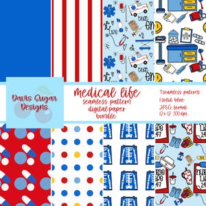 Può includere: Un pacchetto di carta digitale con motivi a tema medico. L'immagine mostra vari disegni, tra cui modelli con attrezzature mediche, pillole e strisce in rosso, blu e bianco. Il testo "Medical Life" è visualizzato.