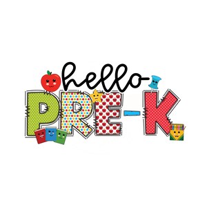 Puede incluir: Letras coloridas de retazos que deletrean "hello pre-k" con personajes de dibujos animados lindos y una manzana roja.