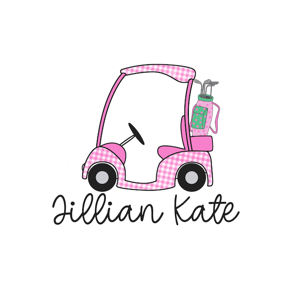 Pink Gingham Golf Cart Themed PNG for Sublimation | Golf Clubs Custom Name Shirt | Pink and Green Preppy Designs | Digital Download for Kids