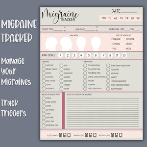 Pode incluir: Um rastreador de enxaqueca imprimível com um esquema de cores rosa e cinza. O rastreador inclui seções para registrar a hora de início, a hora de término, a área da dor, o tipo de dor de cabeça, os gatilhos, os sintomas, os métodos de alívio tentados e notas para um médico ou para você mesmo. O rastreador também inclui seções para a qualidade do sono, o nível de energia e o nível de atividade.