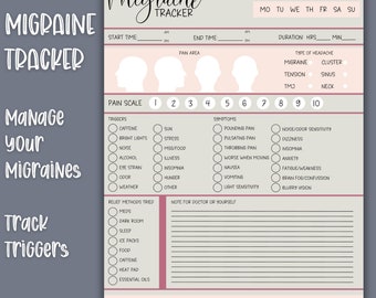May include: A printable migraine tracker with a pink and gray color scheme. The tracker includes sections for recording start time, end time, pain area, type of headache, triggers, symptoms, relief methods tried, and notes for a doctor or yourself. The tracker also includes sections for sleep quality, energy level, and activity level.