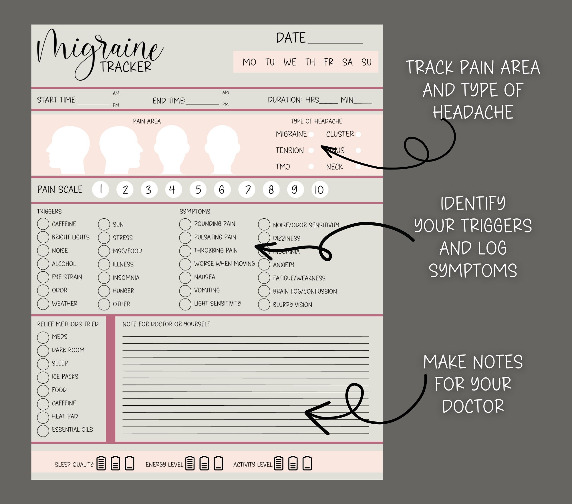 Printable Migraine Tracker Migraine Journal Health &amp; Wellness Manage ...