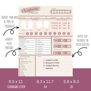 Op de afbeelding: Een printbare migraine-tracker met secties om de pijnzone, triggers, energieniveau, slaap kwaliteit, activiteitsniveau, verlichtingsmethoden en notities bij te houden. De tracker is ontworpen in een roze en beige kleurenschema met een handschrift.