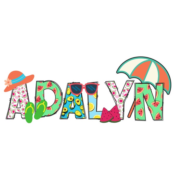 Summer Themed Personalized Name PNG for Sublimation | Beach Vacation | Swimsuit Cover Up | Custom Digital Download | Summer Shirt for Kids