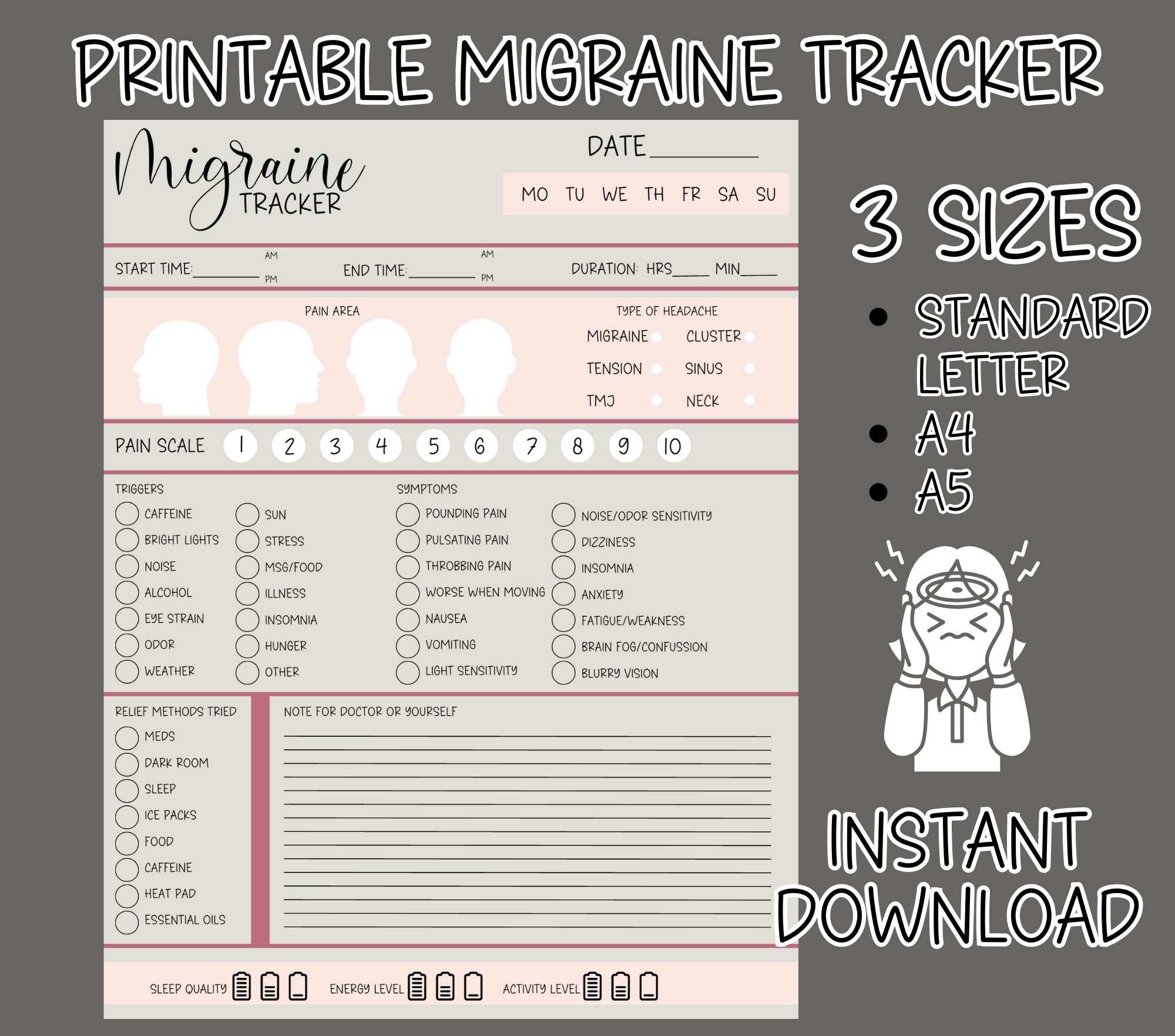 Printable Migraine Tracker Migraine Journal Health &amp; Wellness Manage ...