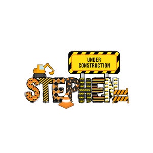 May include: A yellow and black construction themed name banner with the name "STEPHEN" spelled out in large letters. The letters are decorated with construction-themed patterns, including yellow and black stripes, orange traffic cones, and small yellow construction vehicles. A small yellow construction vehicle is on top of the first letter, and a yellow and black construction sign with the text "UNDER CONSTRUCTION" is above the name.