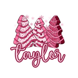 Pode incluir: Gráfico com três formas de árvore de Natal rosa com glacê branco e granulado, e enfeites vermelhos. O nome "Taylor" está escrito em itálico abaixo das árvores, com flocos de neve no fundo.