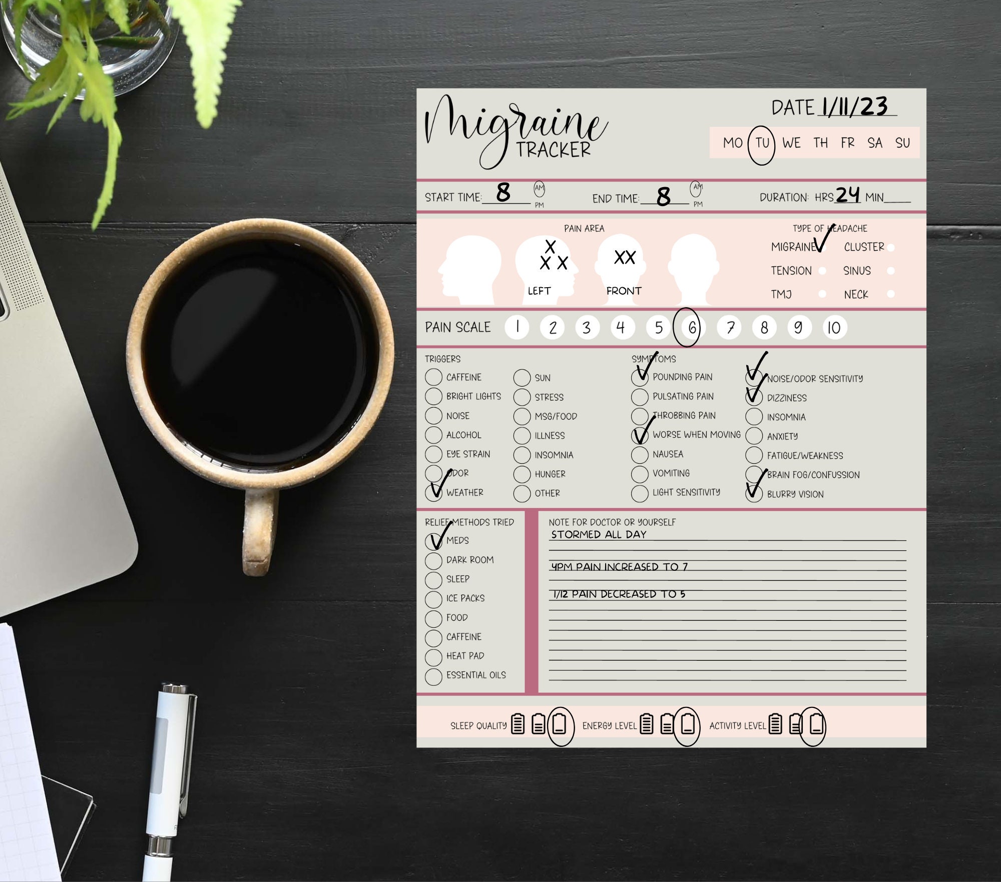 Printable Migraine Tracker Migraine Journal Health &amp; Wellness Manage ...