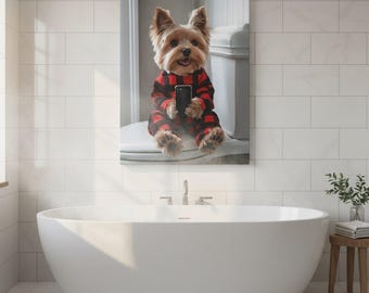 Yorkshire terrier på toaletten Canvastavla | Rolig Yorkshire terrier badrumstryck | Yorkshire terrier mammapresent | Hundälskare heminredning