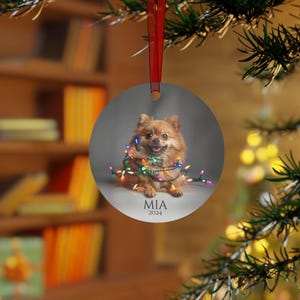 Round Christmas ornament.  Ornament has a Pomeranian wrapped in colorful Christmas lights.  Mia 2024 is at the bottom of the ornament.