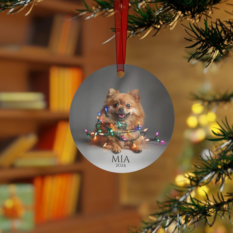 Round Christmas ornament.  Ornament has a Pomeranian wrapped in colorful Christmas lights.  Mia 2024 is at the bottom of the ornament.