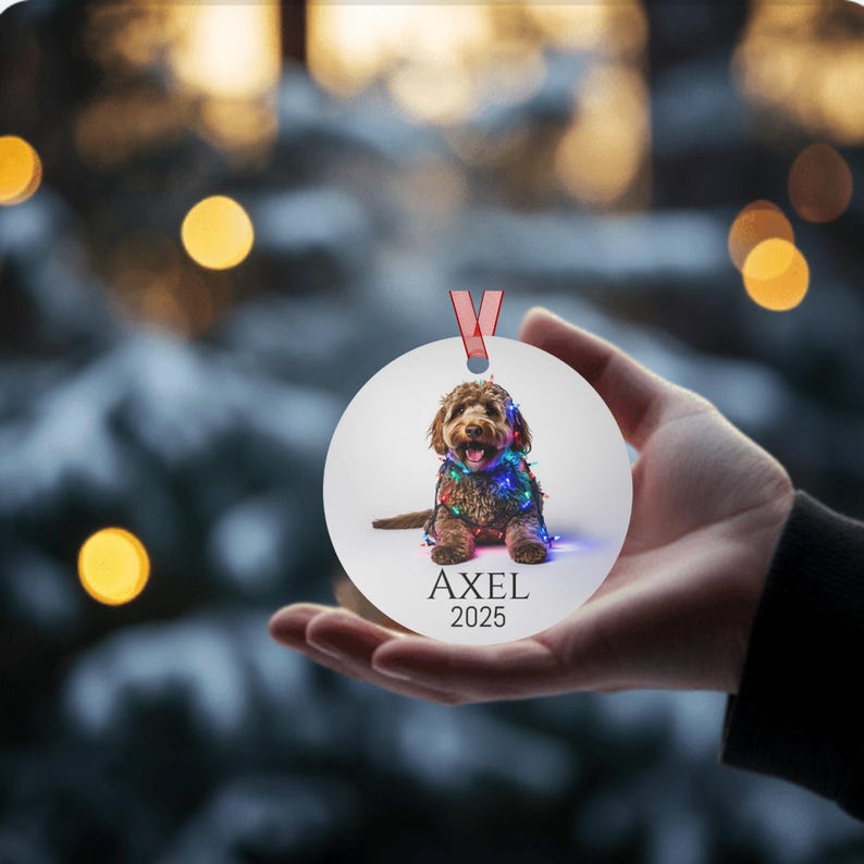 Round Christmas ornament with a labradoodle wrapped in colorful Christmas lights.  Axel and 2025 are at the bottom.  Name and year can be personalized.