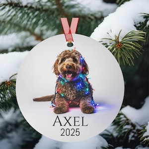 Round Christmas ornament with a labradoodle wrapped in colorful Christmas lights.  Axel and 2025 are at the bottom.  Name and year can be personalized.
