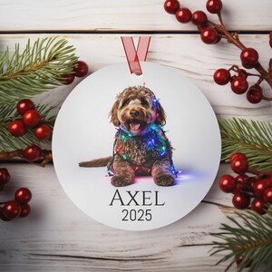 Round Christmas ornament with a labradoodle wrapped in colorful Christmas lights.  Axel and 2025 are at the bottom.  Name and year can be personalized.