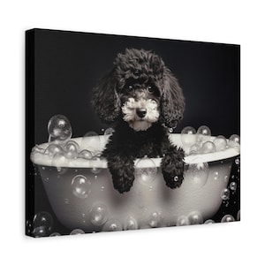 Poodle Bathtub Art - Charming Dog Bath Time Canvas - Cute Bubble Bath Decor - Playful Pet Wall Hanging - Adorable Home