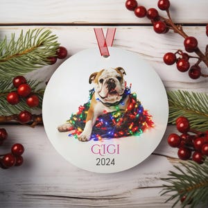 Bulldogge Weihnachtsverzierung, individuelle Hundeverzierung, Hundenamenverzierung, lustige Bulldoggenverzierung, Hundeliebhaberverzierungen, Hundenamenverzierung