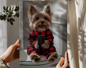 Quadro su tela con Yorkshire Terrier sul WC / Divertente stampa da bagno con Yorkshire Terrier / Regalo per la mamma di un Yorkshire Terrier / Decorazione per la casa per gli amanti dei cani