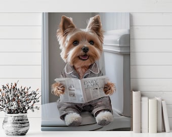 Yorkshire terrier på toaletten Canvastavla | Rolig Yorkshire terrier badrumstryck | Yorkshire terrier mammapresent | Hundälskare badrumsdekor