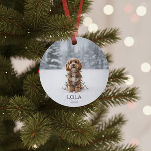 Cavapoo Christmas Ornament, Personalized Dog Name and Year, Aluminum Keepsake in Five Coat Colors