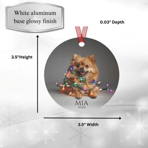 Round Christmas ornament.  Ornament has a Pomeranian wrapped in colorful Christmas lights.  Mia 2024 is at the bottom of the ornament.