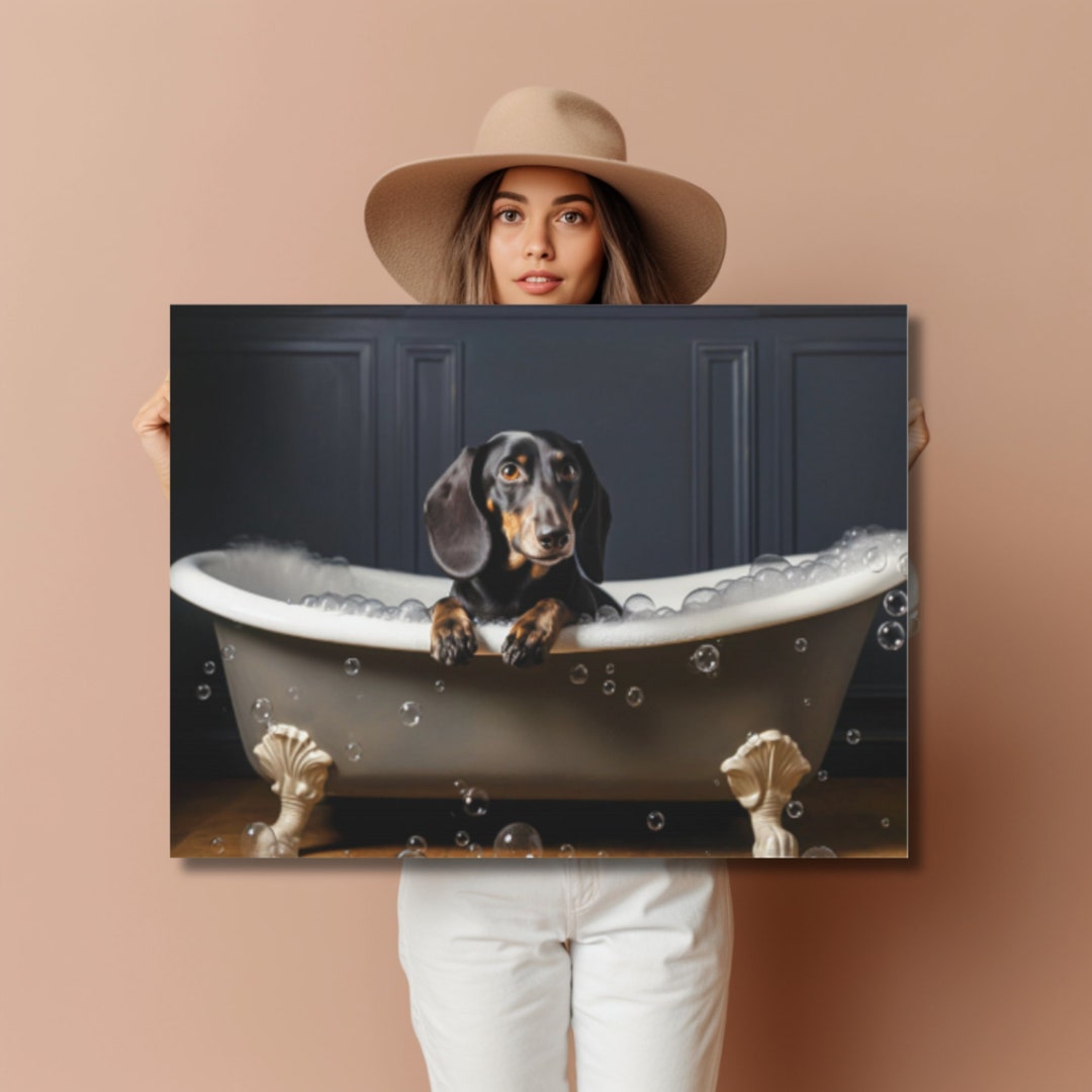 Dachshund Bathtub Canvas Wall Art | Funny Wiener Dog Bubble Bath Print ...