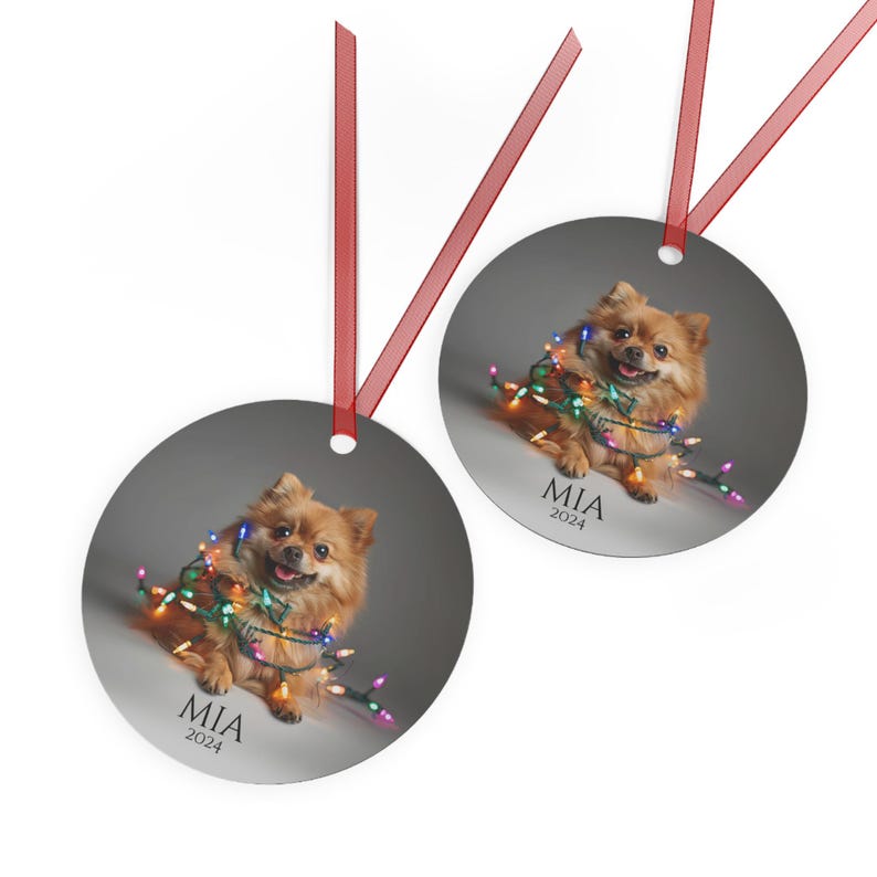Round Christmas ornament.  Ornament has a Pomeranian wrapped in colorful Christmas lights.  Mia 2024 is at the bottom of the ornament.