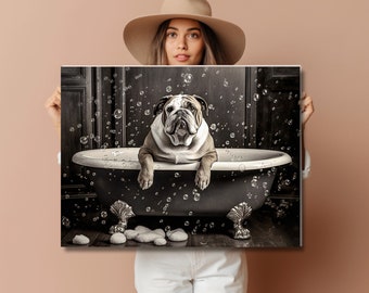 Bulldog Bath Art, Bathroom Canvas Wall Art, Dog Lover Home Decor, Adorable Pet Bathtub Scene, Funny Bathroom Art