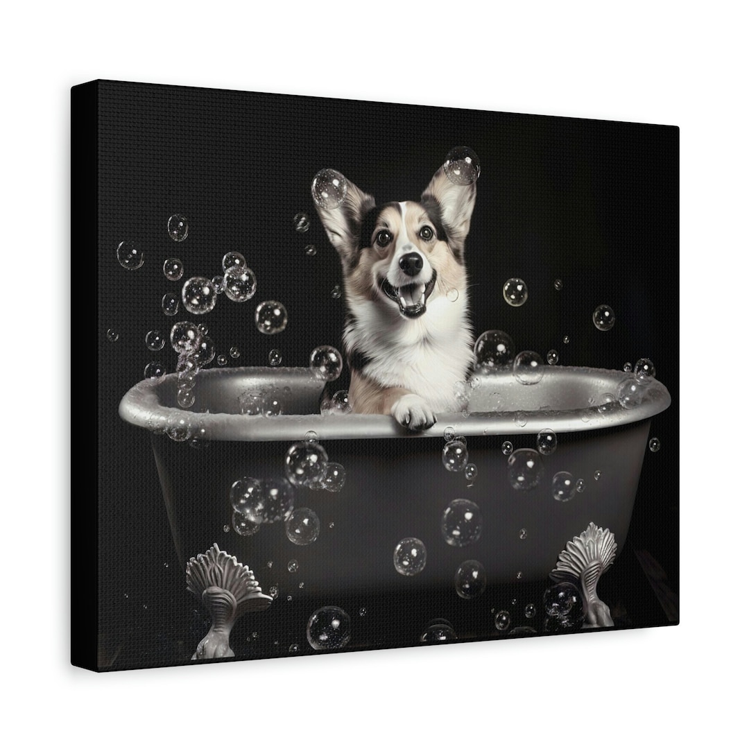 Welsh Bathtub Art Charming Dog Bath Time Canvas Cute Bubble Bath