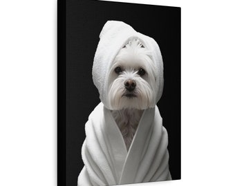 Maltese Spa Day Canvas Wall Art | Funny Dog in Robe and Towel Print | Maltese Mom Gift | Dog Lover Bathroom Decor