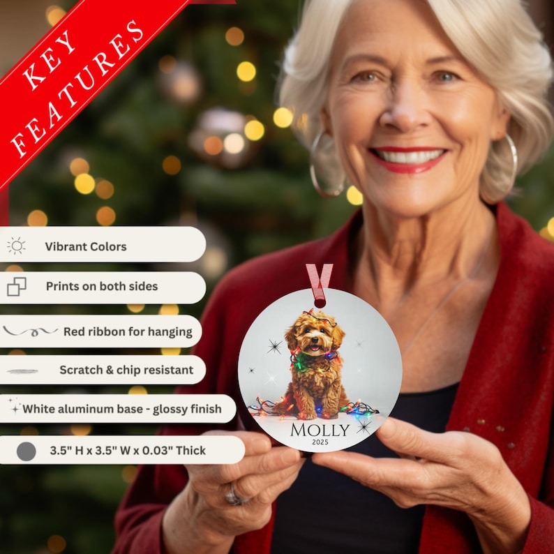 Round aluminum Christmas ornament.  The ornament has a Cavapoo wrapped in colorful Christmas lights.  At the bottom is Molly 2025.  Key Features: Vibrant colors, print on both sides, red ribbon for hanging, scratch and chip resistant, Aluminum base-glossy finish.